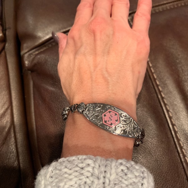 112-1374RG Rose Gold Stainless Rolo Pink Ribbon Symbol Lymphedema No Bp Iv Bracelet