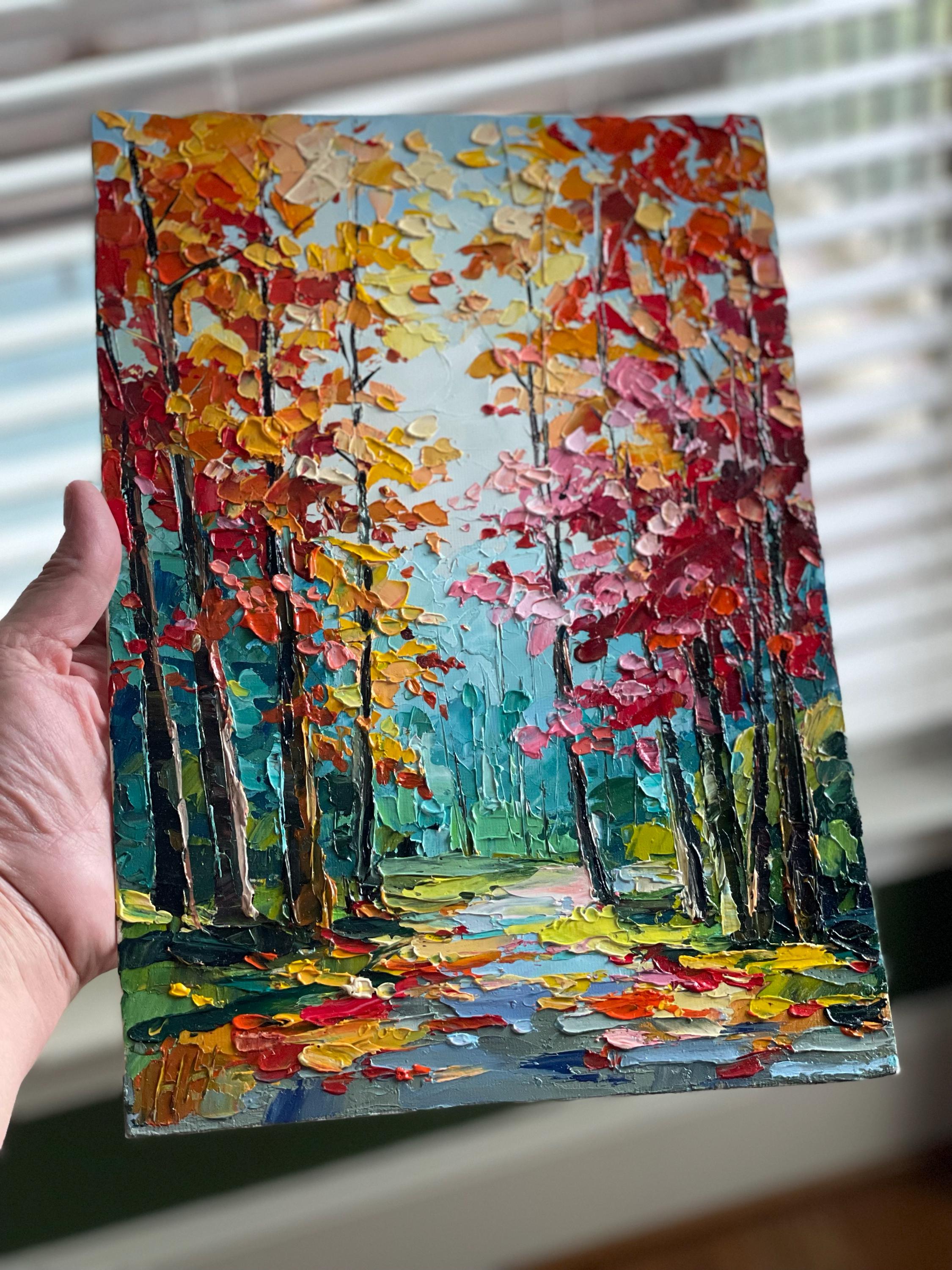 Buyer photo of Autumn Forest Oil Painting: Rustic Fall Landscape palette knife Wall Art, Tex...
