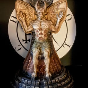 モロク像、オカルト悪魔祭壇装飾木彫り彫刻サタンルシファー印章