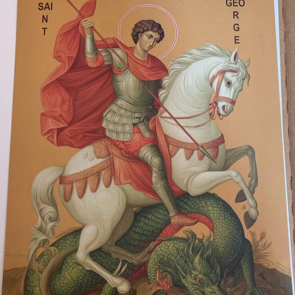 Customer photo of Saint George Slaying the Dragon Icon Print, Courage Gift Christian Art, Holygraceart