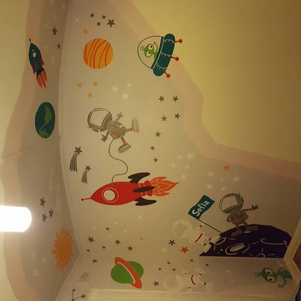 Space Wall Decal Planets Astronaut Boy Star Kids Rocket Ship Alien Wall ...