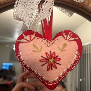Folk Felt Hearts Embroidery Pattern, Four DIY Hanging Ornaments