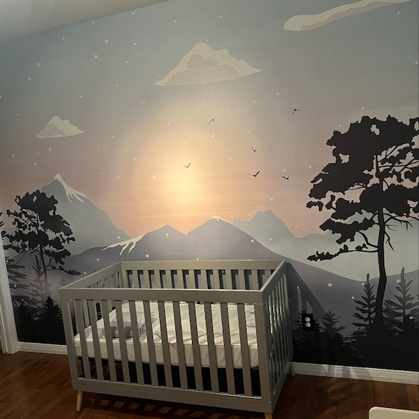 Kids Wallpaper Peel and Stick | Soft Mountain With Trees Wall Mural - Etsy