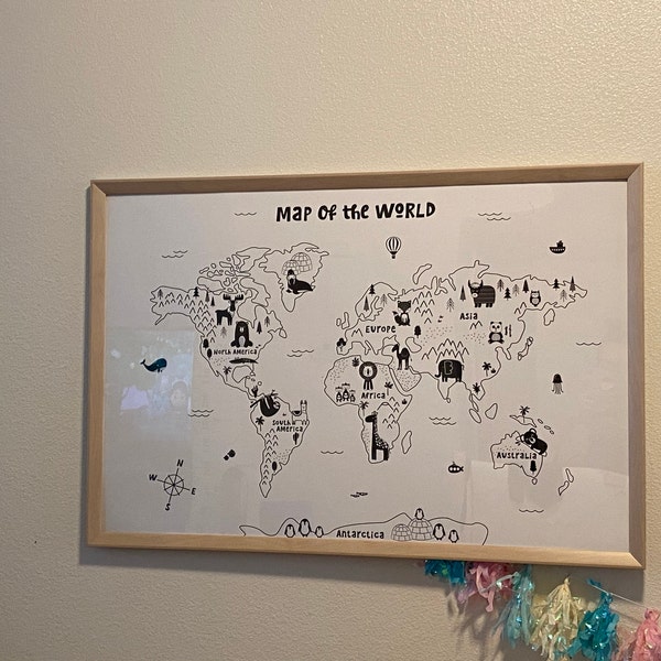 Animal World Map Nursery Wall Art, Black White Kids Room Decor, Kids ...