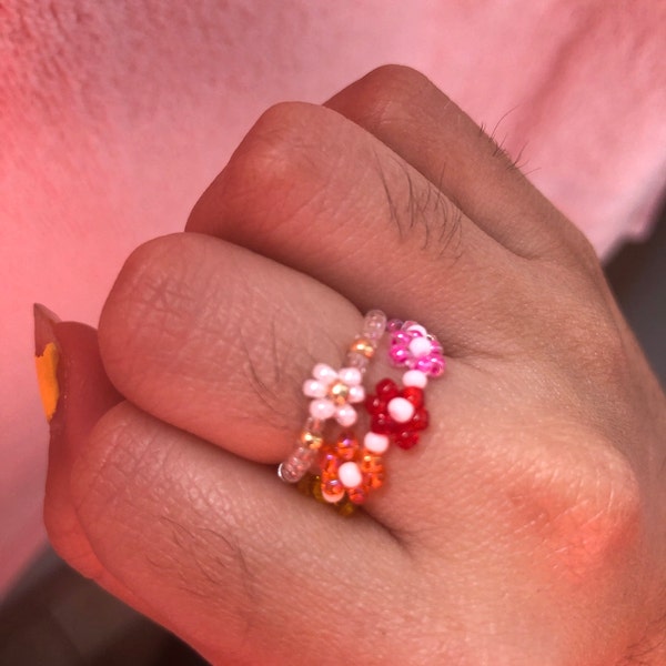 Colorful Rainbow Flower Bead Rings / Cute Flower Beaded Rings / Dainty ...