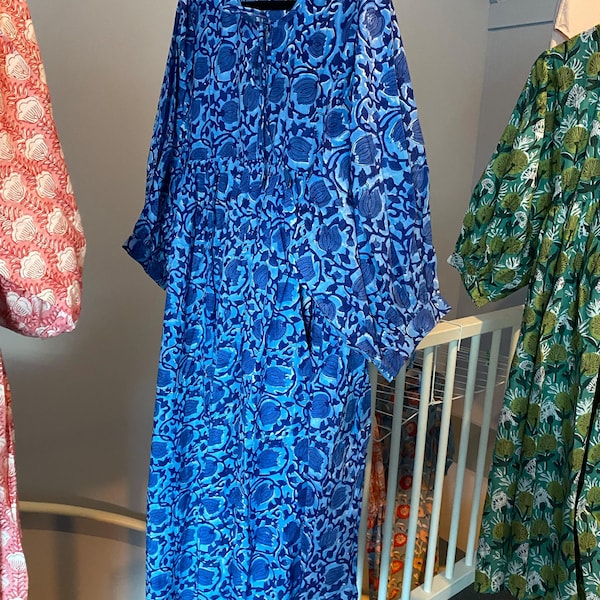 Navy Blue Sunflower Block Print Cotton Midi Dress – Smocked Boho Long Sleeve Dress