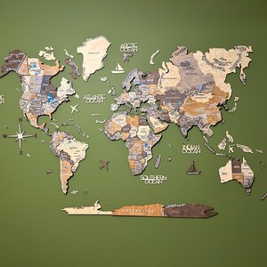 Wooden World Map Wall Art by Enjoy The Wood, Travel Map Push Pins