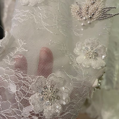 Sequin Lace Fabric Flowers for Embellishment, 3D Ivory Embroidery ...