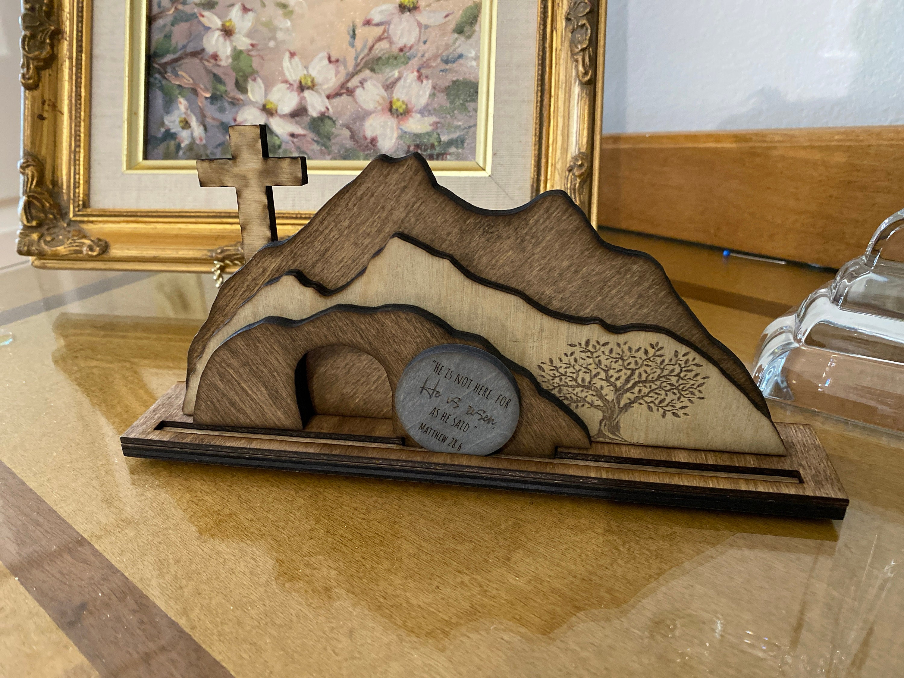 Empty Tomb &quot;He is Risen&quot; Decoration with Cross and Olive Tree, Religious, Christian, Easter Display, Easter Tomb, Laser Cut