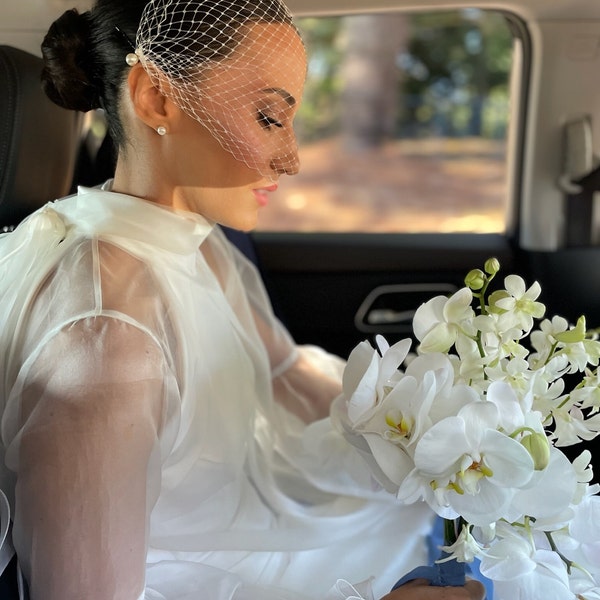 Fascinateur Voile Années 20 En Maille Blanche - Forme Cage à Oiseaux - Pour Mariage, Thé, Fête Costumée
