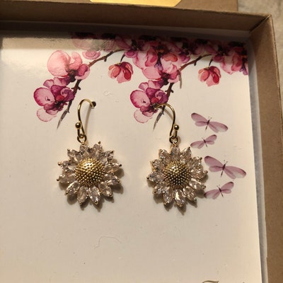 Sunflower Earrings Gold Flower Earrings Daisy Cubic Zirconia - Etsy