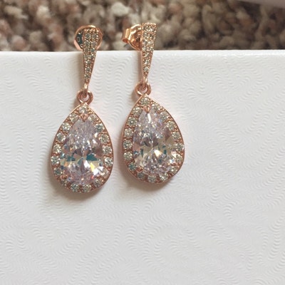 Crystal Bridal Earrings, Rose Gold Wedding Jewelry Swarovski Crystal ...