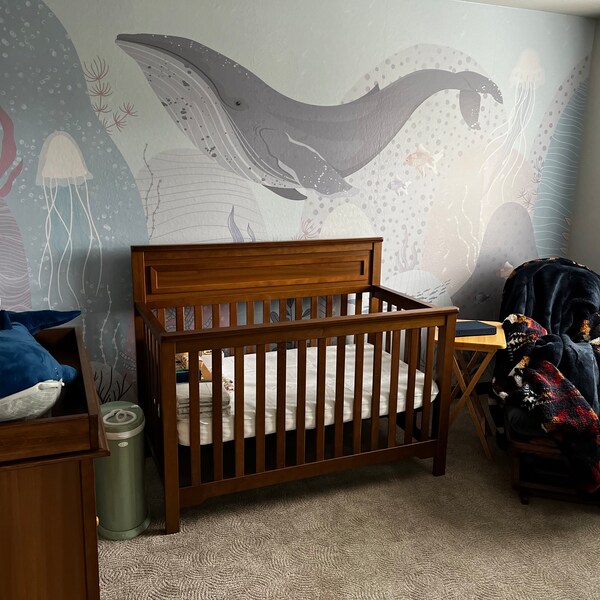 Blue Whale Wallpaper Ocean Motif Nursery Decor Removable Flying Whale ...