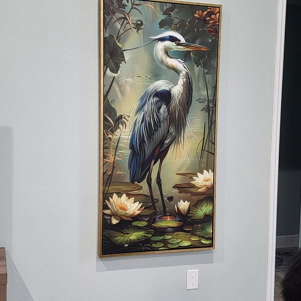 Blue Heron and Lotus - Graceful Bird Art With Muted Tones Print, Lake ...