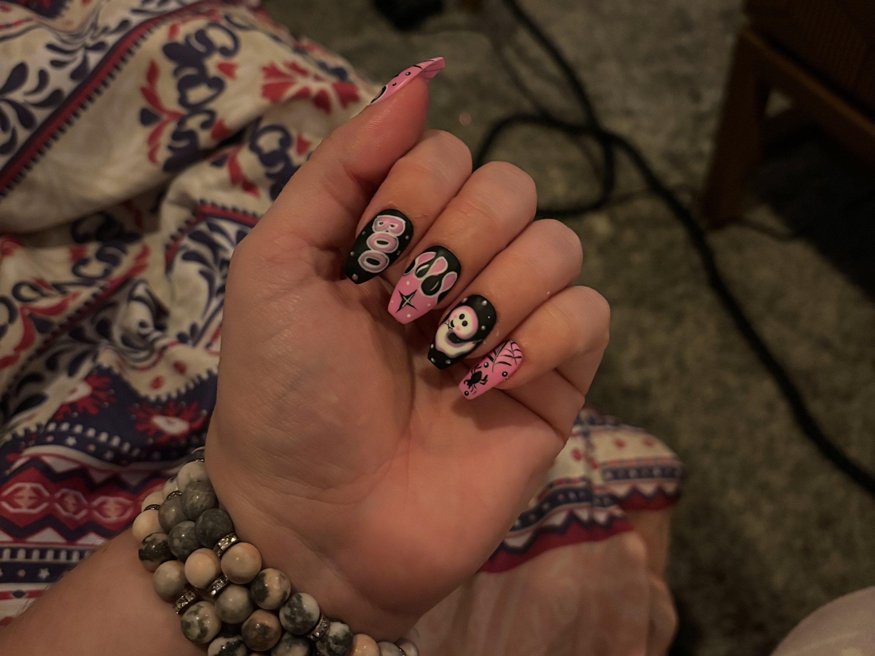 Midnight Magic Fake Nails | Black Pink Halloween Special Press On Nails Stiletto | Hand-made Glue On Nails | Luxury Fake Nails HA4