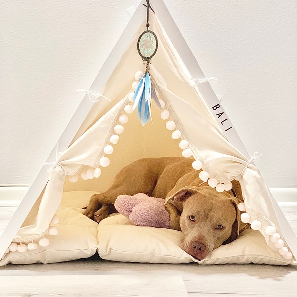 Black Dog Bed With Pompoms. Boho Chic Dog Teepee Tent. Bohemian French
