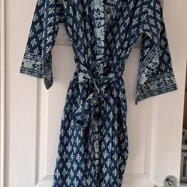 Indigo Cotton Kimono Robes for Women Indian Dressing Gown Unisex ...