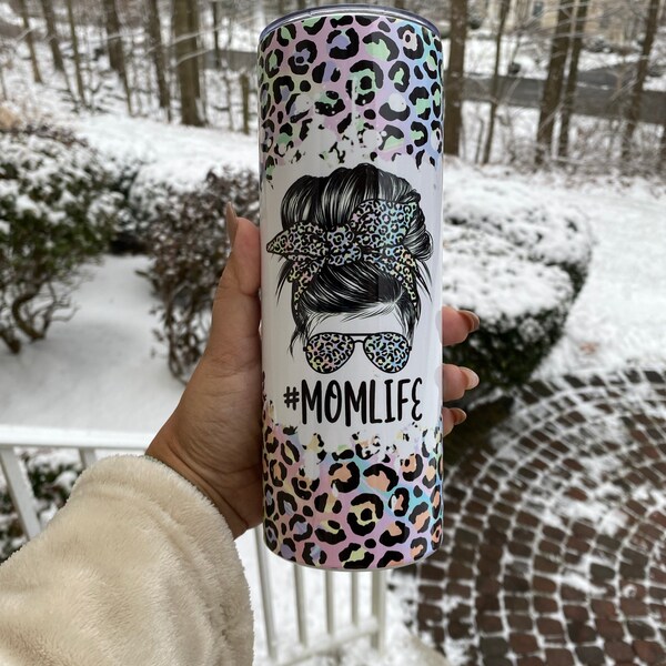 20 OZ Iridescent Leopard Mom Life Skinny Tumbler Design - Straight ...