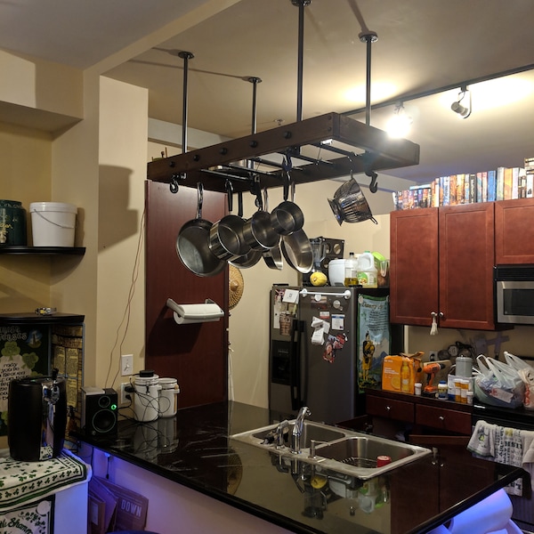 Hanging Pot Rack Reclaimed Wood and Industrial Pipe Kitchen Industrial ...