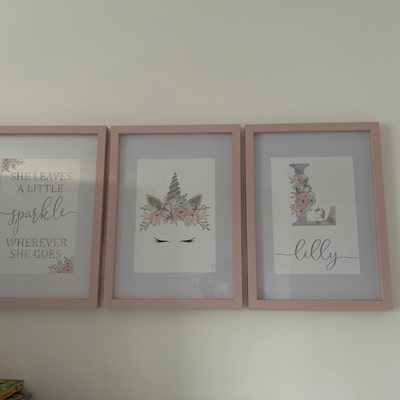 Personalised Unicorn Theme Art Print Set of 3 Nursery Print Glitter ...