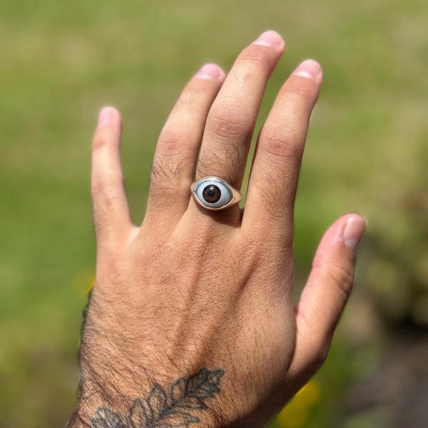 HONOR Eye Sterling Silver Ring plated in Platinum with Red Enamel (No 53)