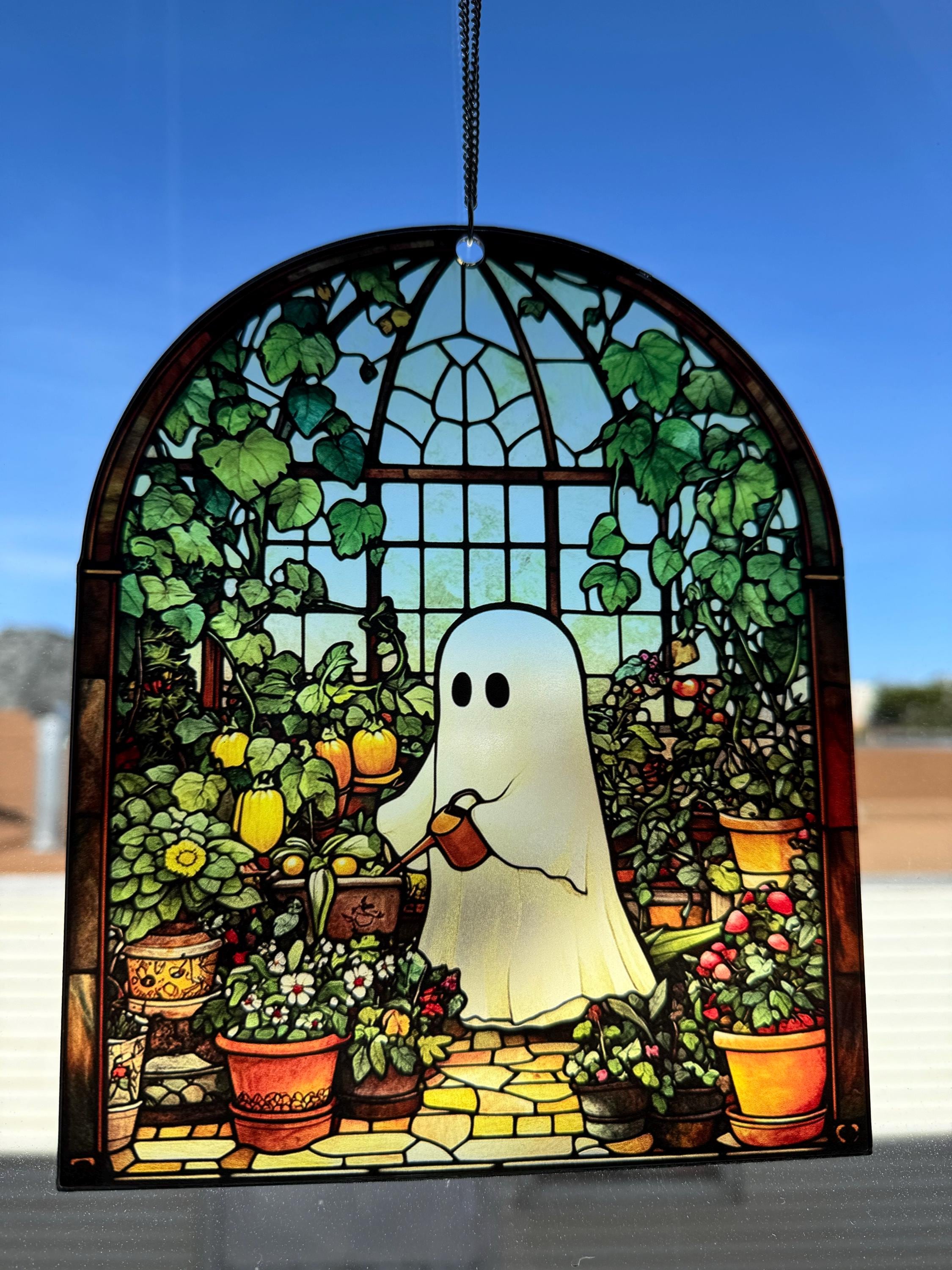 Cute Ghost Greenhouse Suncatcher Ornament, Halloween Ghost Acrylic Window Hangings, Plant Lovers Gift, Halloween Home Decor, Gift For Mom