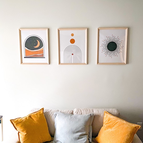 Mid Century Modern Art Print Set of 3, Neutral Geometric Wall Art, Moon ...