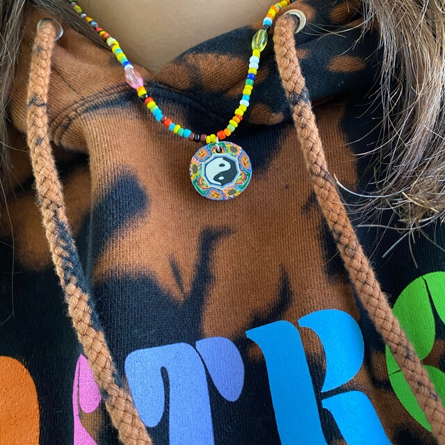 Vintage 90s Clay Pendant Necklace, Hippie Charm Jewelry Gift