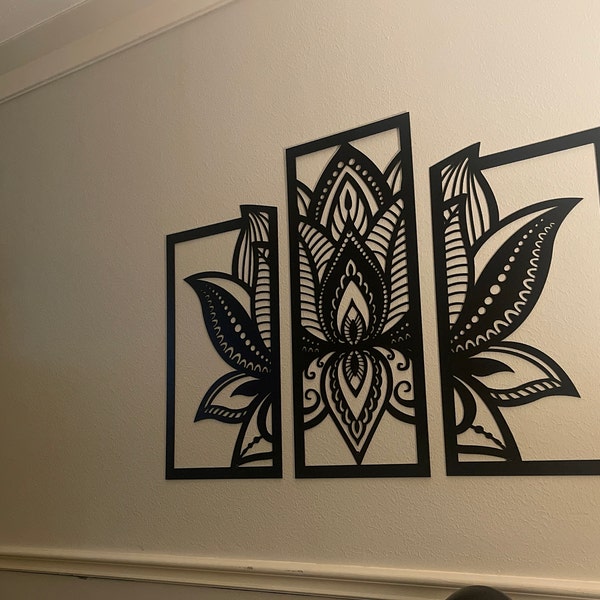 Lotus Mandala Wall Art - Set of 3 Panels Spiritual Zen Wooden Flower ...