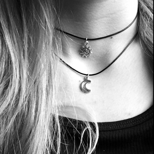 Double Choker Necklace Silver / Gold Sun and Moon Charms 90s Layered ...