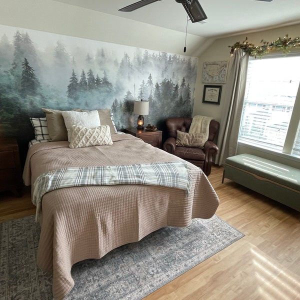 Misty Forest Wallpaper | Moody Pine Tree Wall Mural - Etsy