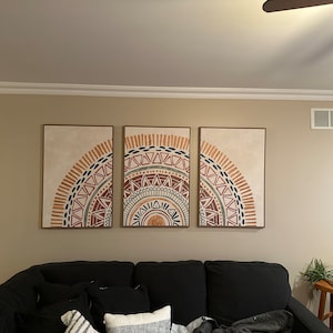 Framed Canvas Wall Art Set of 3 Geometric Beige Spiral Wave Mid Century ...