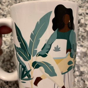 African woman white expresso cup-African headband-mom and me outfits-line drawing-decorated mug