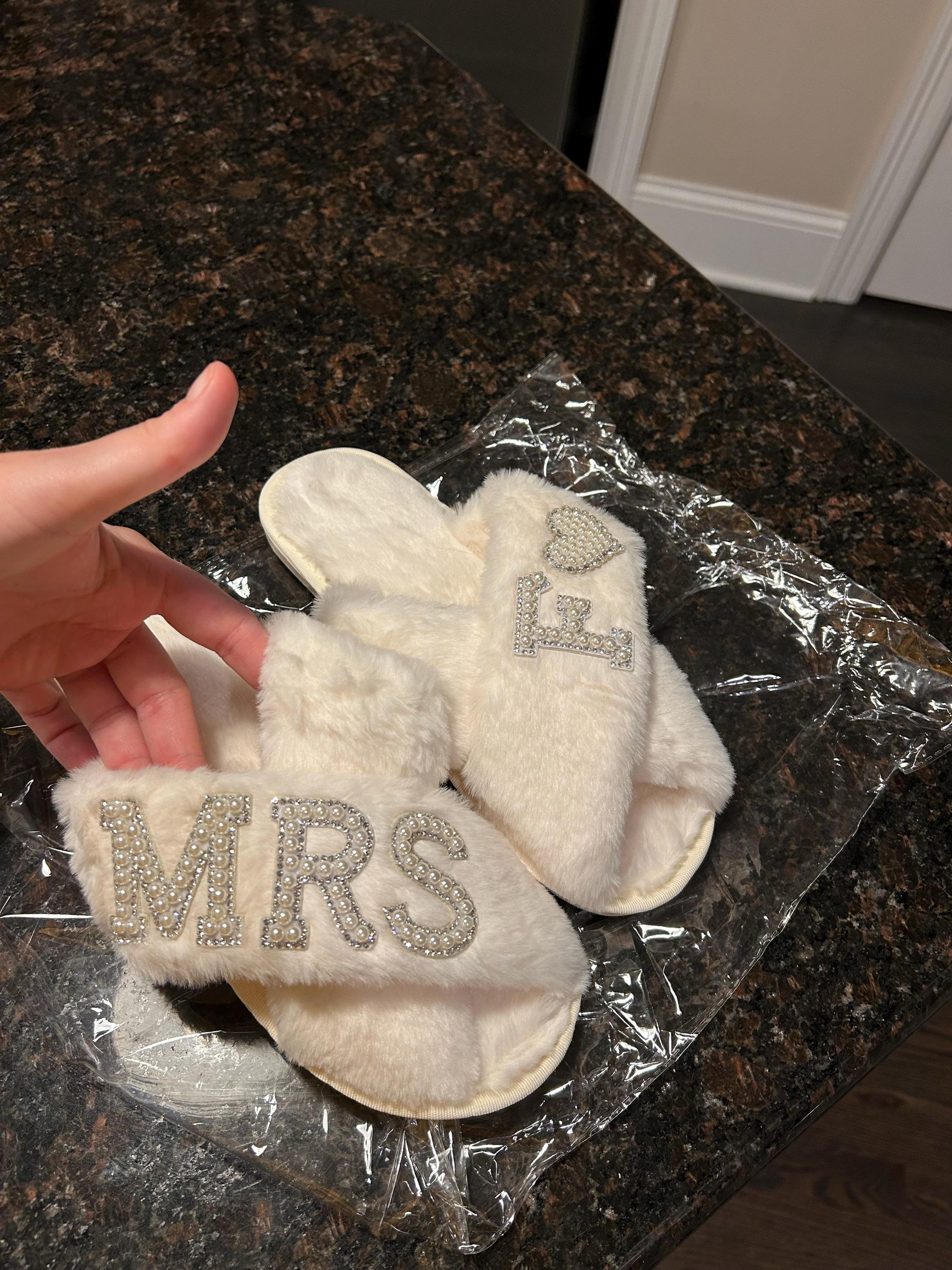 Bridal Mrs Wedding slippers, Custom Mrs Fluffy Slippers with pearls letters, Bridal Shower Gifts, Gifts For Her, Bridal Slippers, Slippers
