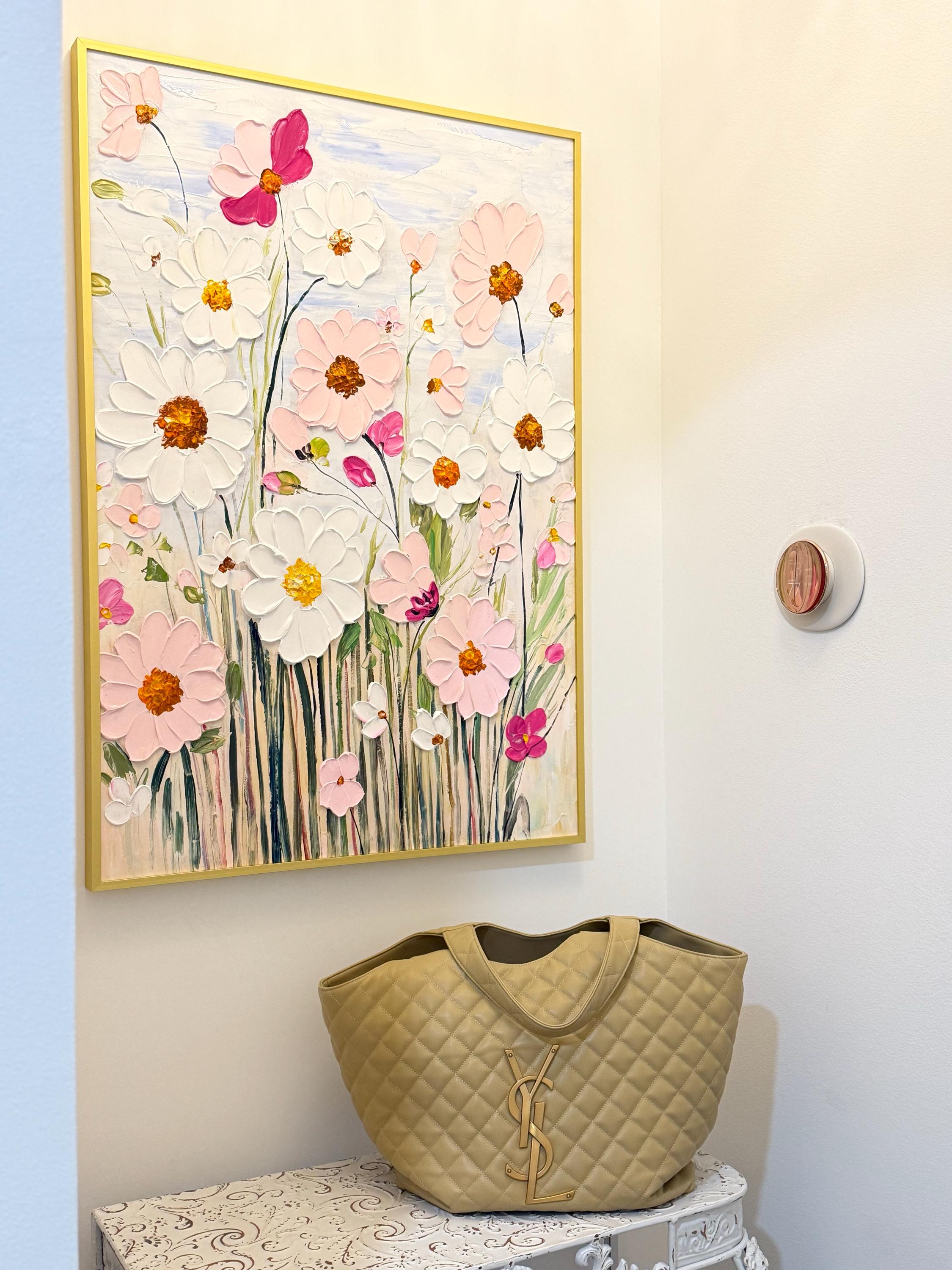 Original Flower Painting on Canvas 3DTextured Floral Wall Art,pink customd painting for Living Room home decor personalized gifts Fancy Art