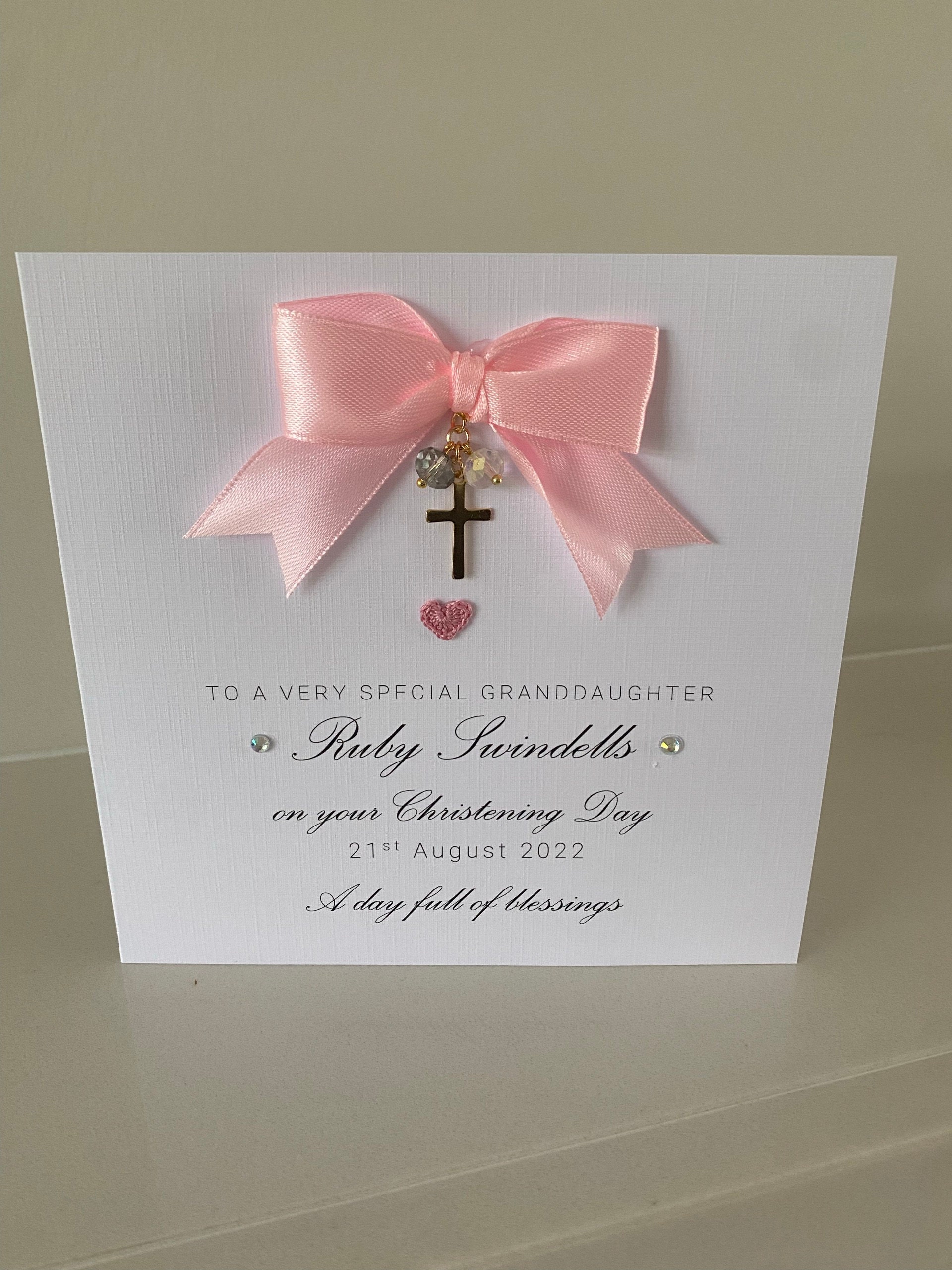 Luxury christening card for girls, personalised christening day, special handmade card, golden cross charm, sending blessings, TLC0012