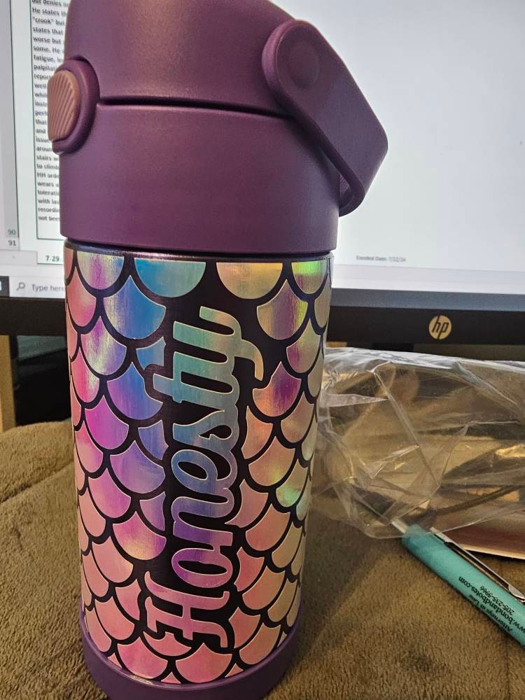 Insulated Kids Water Bottle, Personalized Mermaid Water Bottle, back to school, custom holographic mermaid print with name, straw and lid