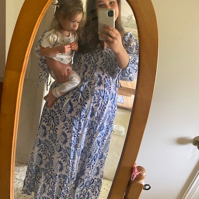Blue Floral Hand Block Printed Cotton Maxi Dress – Belted Long Dress with Puff Sleeves & Keyhole Neckline