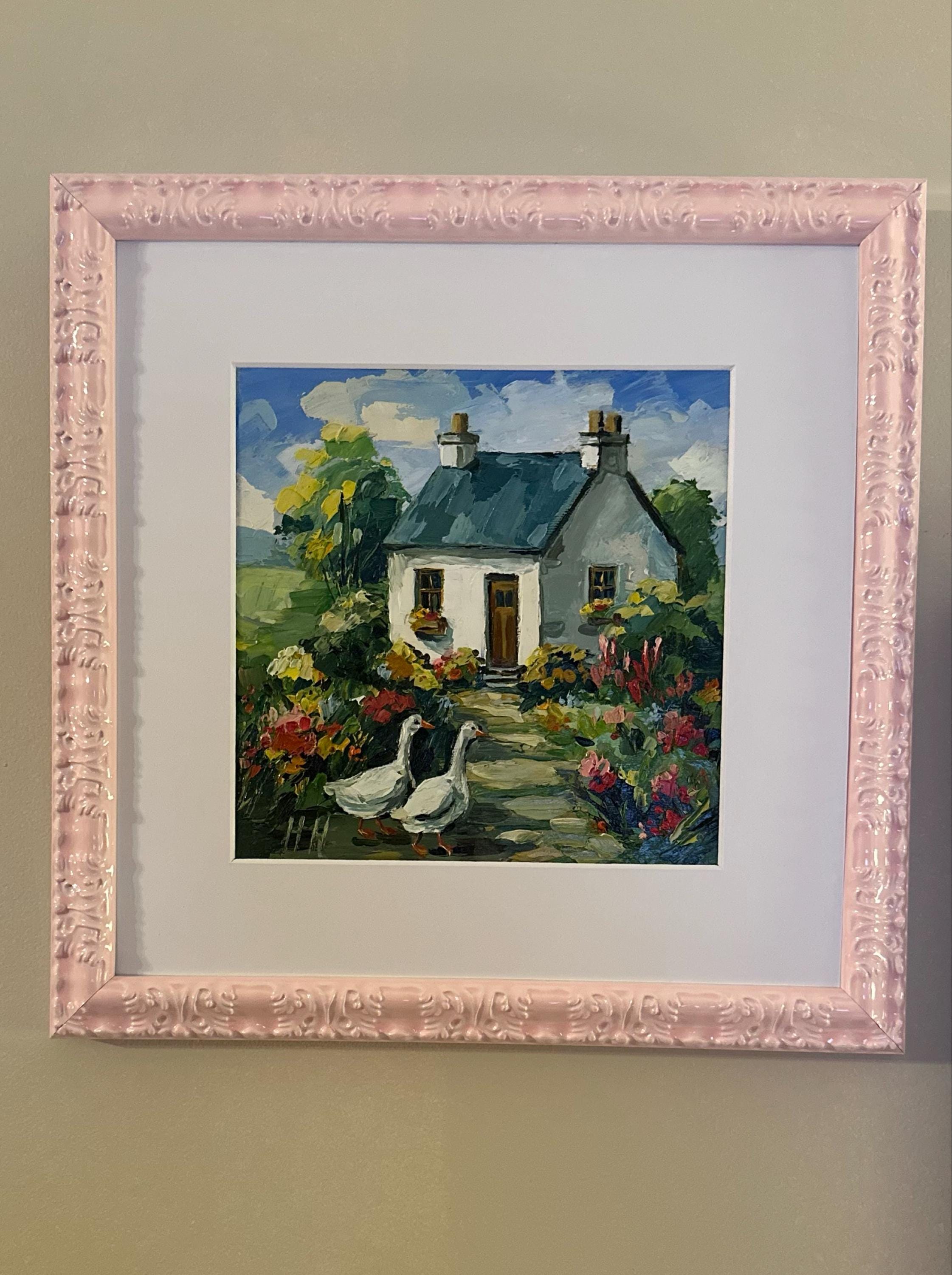 Buyer photo of White Cottage Oil Painting with Geese and a Flower Garden, Original landscape...