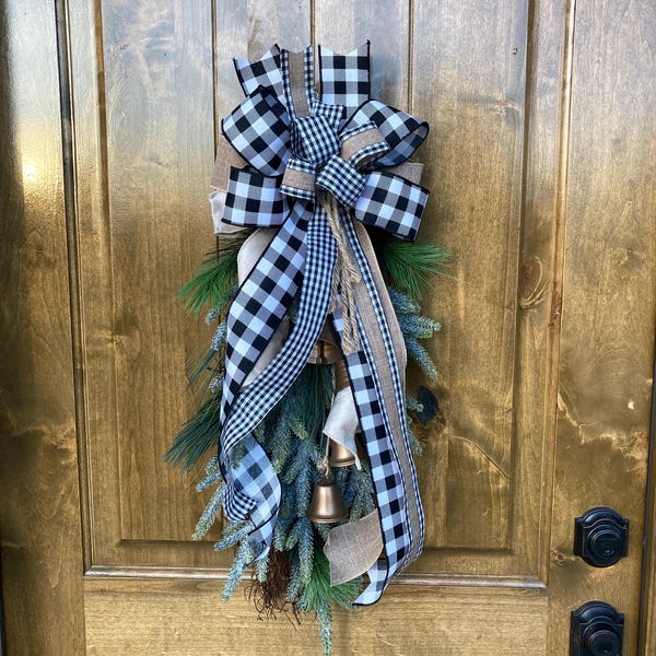Door Hanger Wreath Black & White Bow w/ room for mini main image 0