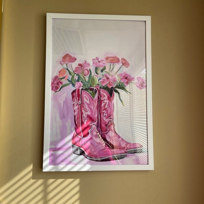 Soft Pink Cowgirl Boots Poster, Pastel Preppy Western Cowgirl Wall Art ...