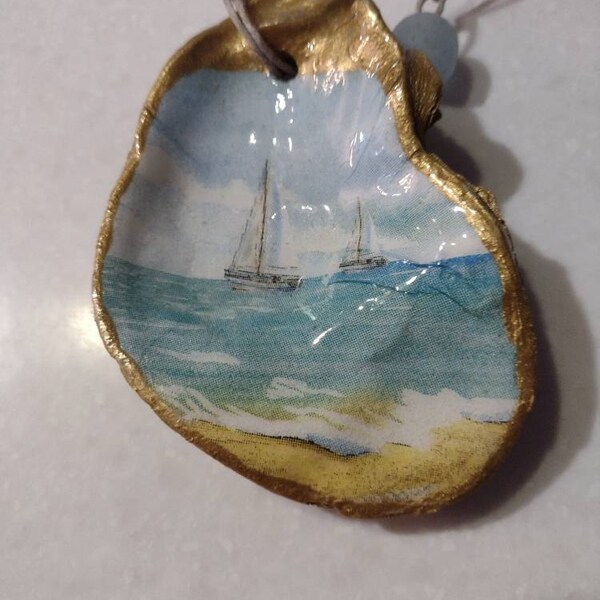 Set of 6 Mini Maine Themed Oyster Shell Ornaments With Silver Accents ...