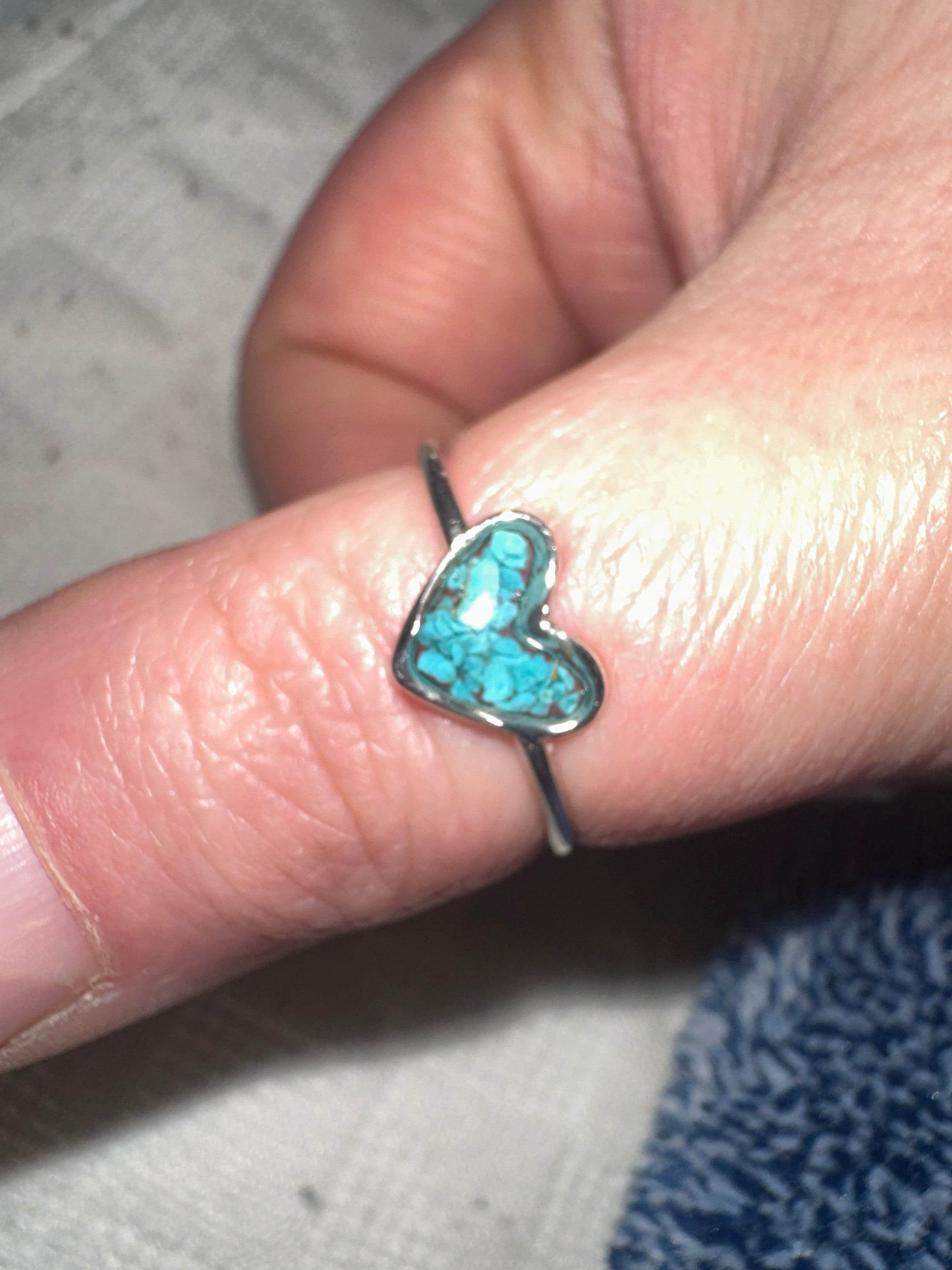 Genuine Turquoise ring | .925 sterling silver | unique crushed stone ring | hypoallergenic | boho statement jewelry | detailed | heart shape