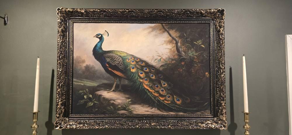 Customer photo — Vintage Peacock Painting – Framed Oil Painting With Victorian Bird Art Decor