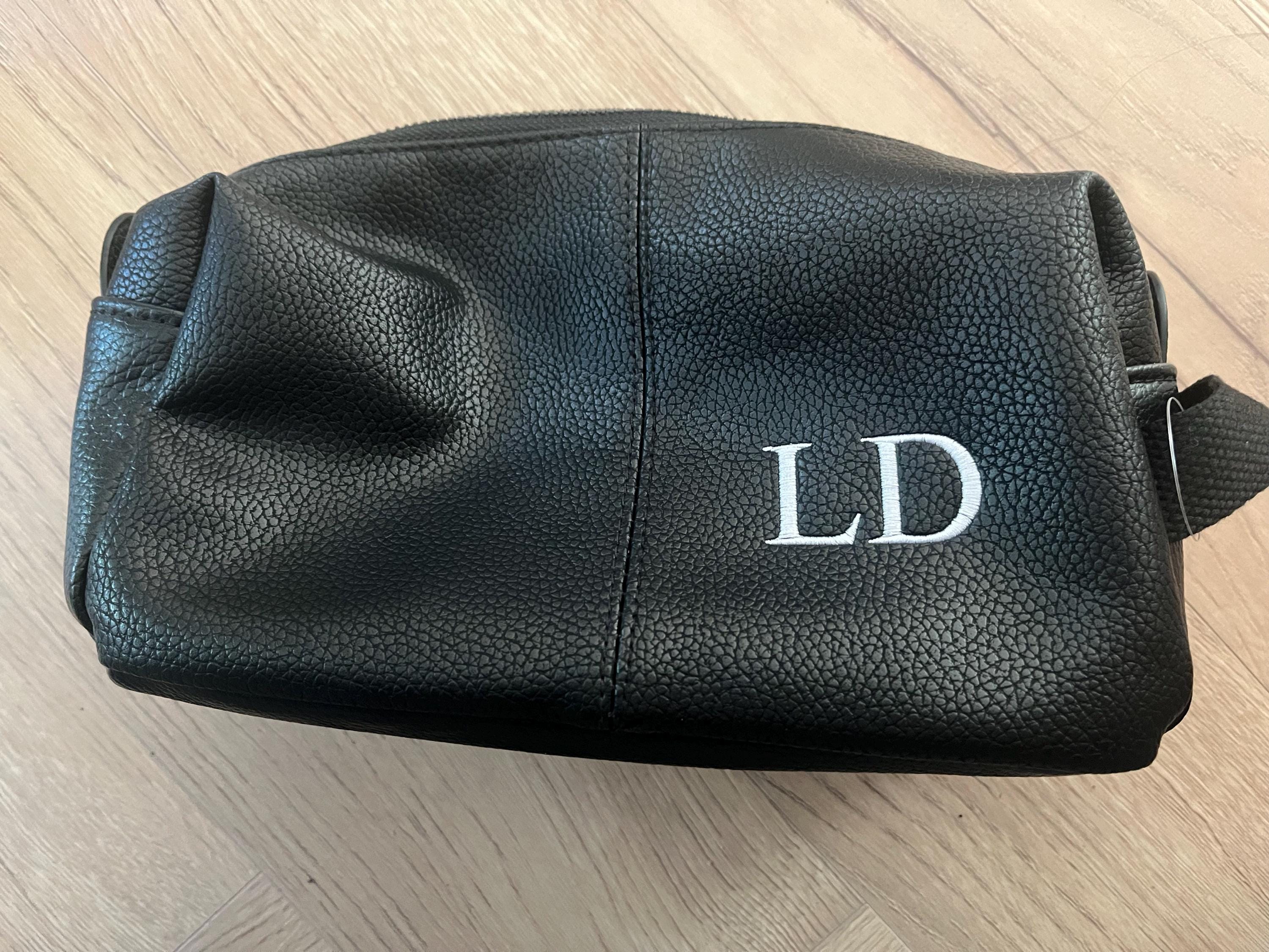 Personalised Embroidered Mens Leather Wash Bag with Strap Black or Brown - Mens Vegan Leather Toilet Bag Embroidered with Initials