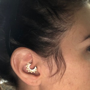 14kt Yellow Gold CZ Floral Beaded Tribal Septum Daith Hinged Clicker Hoop