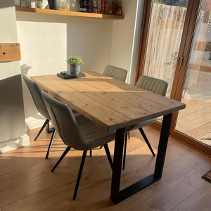Rustic Dining Table Bench Set Square Steel Legs Industrial