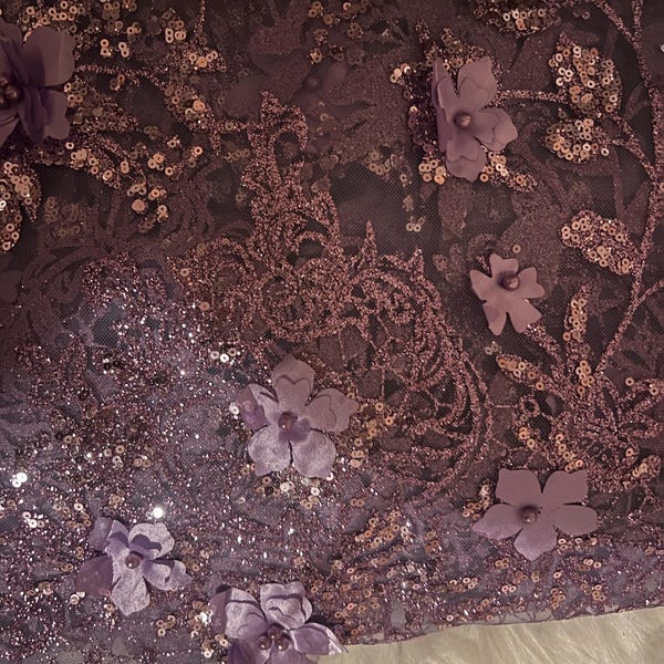 Lilac 3D Flower Glitter Sequin Fabric by the Yard, 3D Floral Glitter ...
