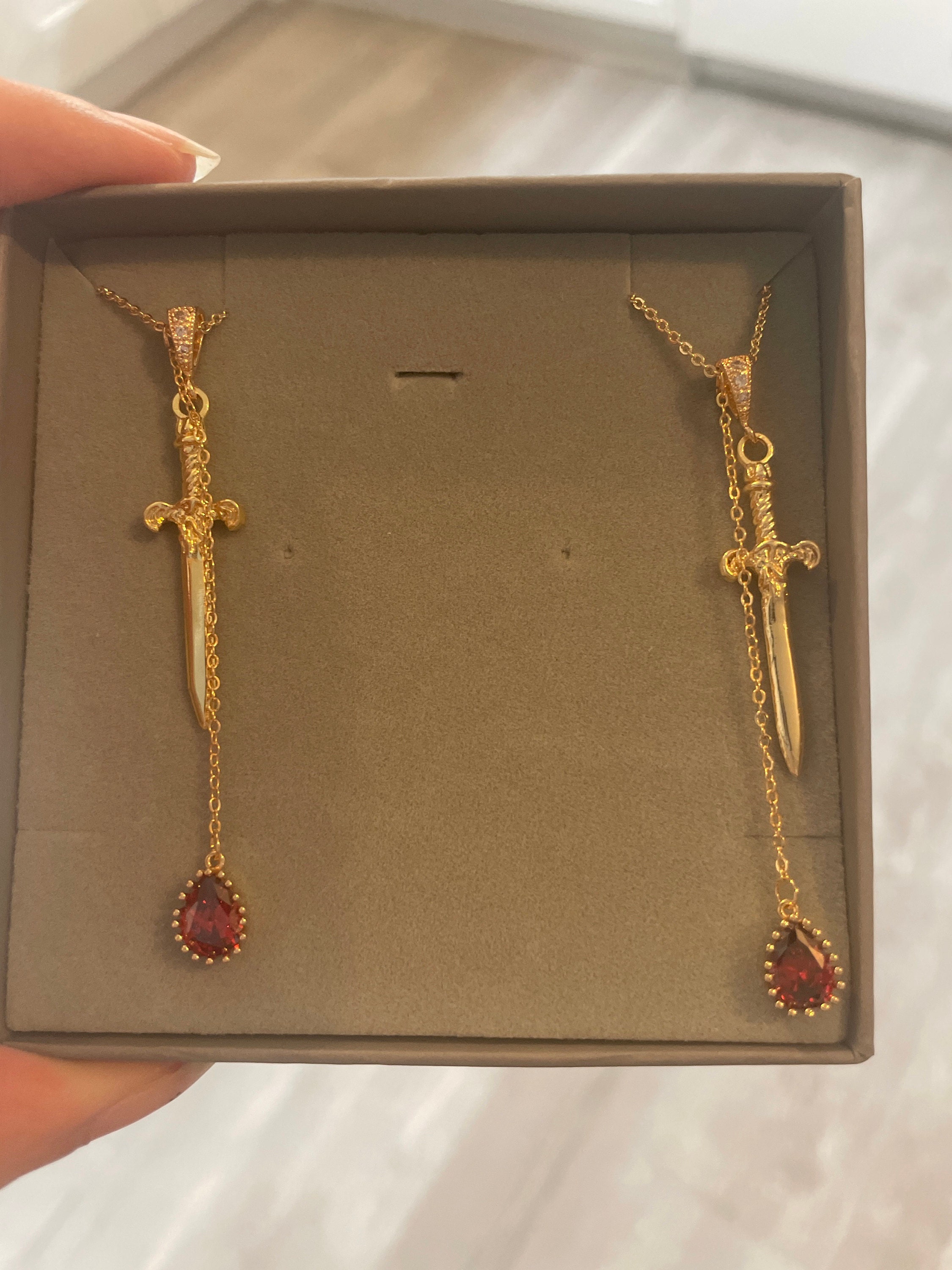 Sword and Blood Drop Necklace / Gold or Silver, Black Deep Red Teardrop Necklace