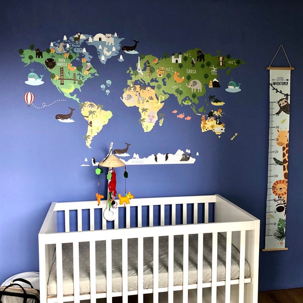 World Map Wall Sticker, Colorful World Animal Map Wall Decal, Decor for ...